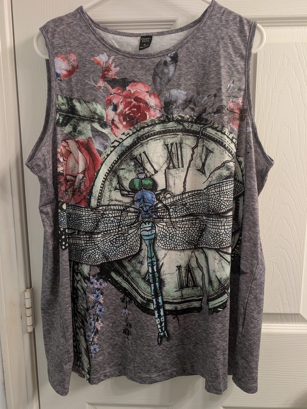 Emery Rose Artsy Dragonfly Clock Floral Gray Sleeveless Top